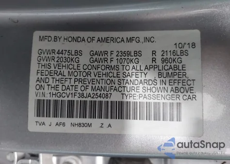 2018 Honda Accord Sport из США, поврежденный, VIN 1HGCV1F38JA254087